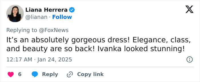 Tweet praising Ivanka Trump's elegance and class in her dress, mentioning beauty and style. Tweet praising Ivanka Trump's elegance and class in her dress, mentioning beauty and style.