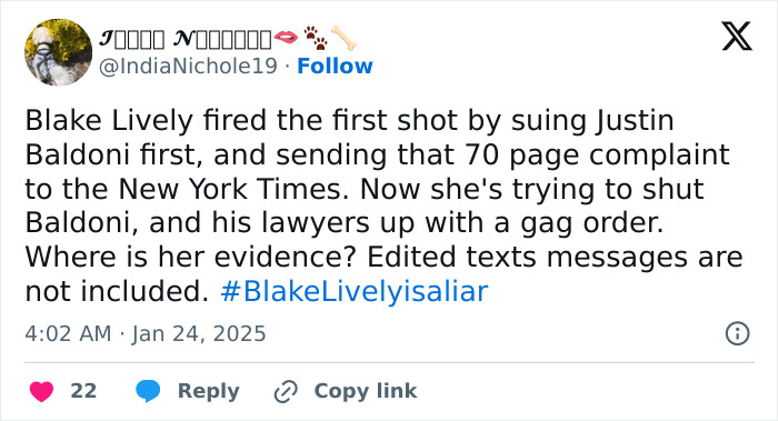 Tweet discusses Blake Lively's gag order attempt against Justin Baldoni's lawyer, referencing a complaint. #BlakeLivelyisialiar Tweet discusses Blake Lively's gag order attempt against Justin Baldoni's lawyer, referencing a complaint. #BlakeLivelyisialiar
