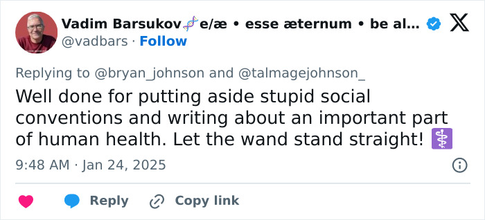 Tweet commenting on writing about human health, applauding disregard for social conventions. Tweet commenting on writing about human health, applauding disregard for social conventions.