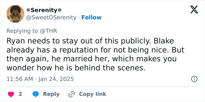 Tweet discussing Blake Lively and reputation, mentioning Ryan's involvement in public matters. Tweet discussing Blake Lively and reputation, mentioning Ryan's involvement in public matters.
