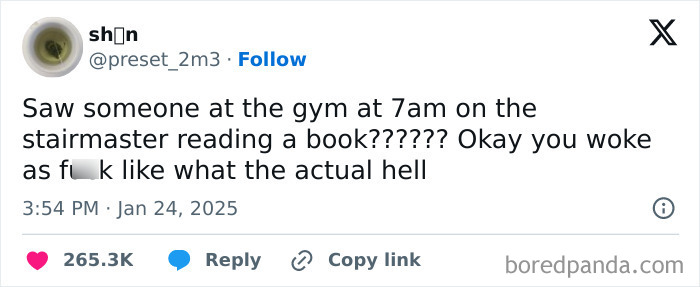 Funny tweet about seeing someone reading on a stairmaster at 7am, highlighting January's long duration.