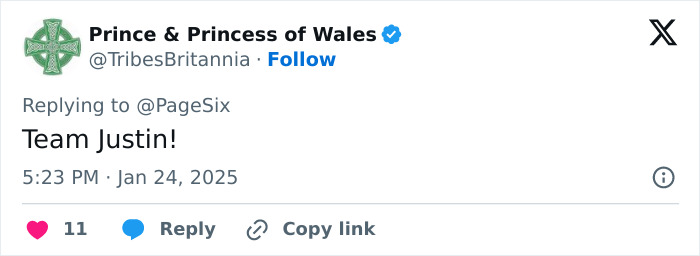 Social media post supporting Justin Baldoni with 'Team Justin!' message, dated January 24, 2025. Social media post supporting Justin Baldoni with 'Team Justin!' message, dated January 24, 2025.