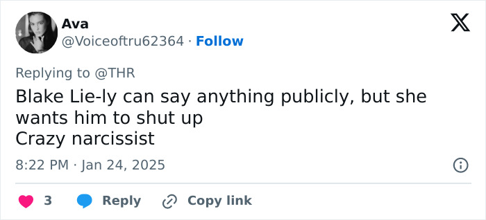 Tweet about Blake Lively's alleged actions, discussing public and private statements. Tweet about Blake Lively's alleged actions, discussing public and private statements.