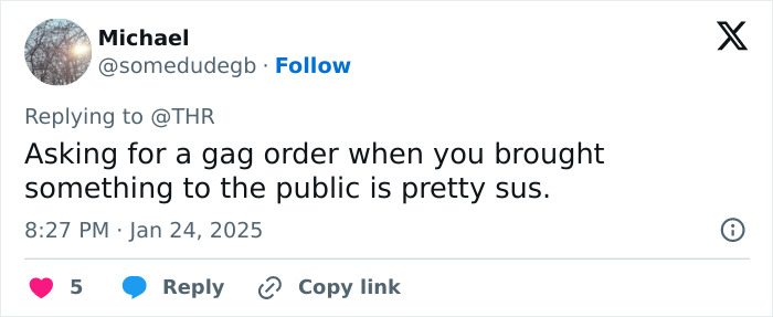 Tweet discussing a gag order request, highlighting public disclosure concerns in legal matters. Tweet discussing a gag order request, highlighting public disclosure concerns in legal matters.