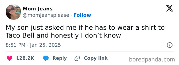 Funny tweet about wearing a shirt to Taco Bell, helping survive January blues.