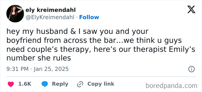 Funny tweet about couple's therapy, social media post with humor to survive January blues.