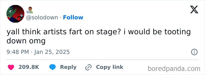 Tweet humorously questions if artists fart on stage, gaining huge interaction.