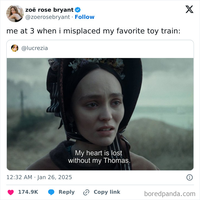 Woman in period costume with captioned text as a humorous tweet about a missing toy train, highlighting funny tweets.