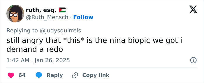 Tweet criticizing Nina biopic amidst Zoe Saldaña's blackface scandal discussions. Tweet criticizing Nina biopic amidst Zoe Saldaña's blackface scandal discussions.
