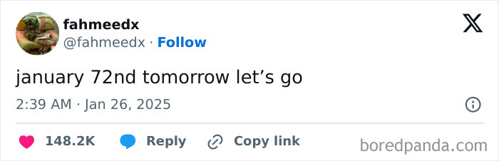 Tweet about January feeling extremely long, humorously calling it "January 72nd."