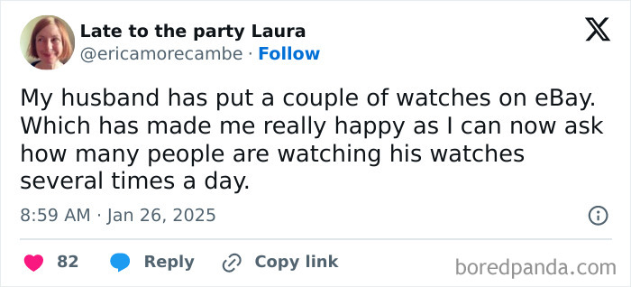 Funny tweet about a husband selling watches on eBay, bringing humor to a long month.