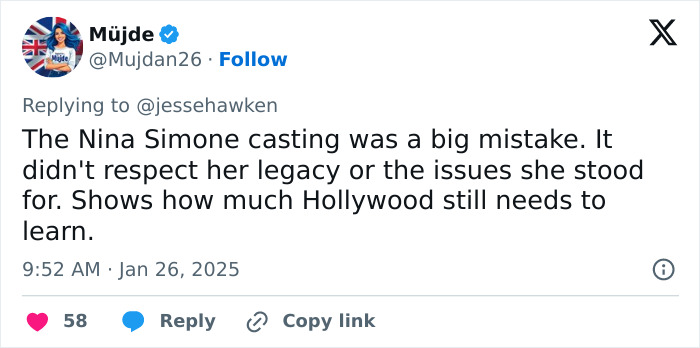 Tweet criticizing Zoe Saldaña's casting as Nina Simone, with emphasis on respecting her legacy and Hollywood's learning curve. Tweet criticizing Zoe Saldaña's casting as Nina Simone, with emphasis on respecting her legacy and Hollywood's learning curve.