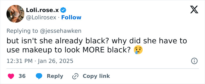 Tweet questioning Zoe Saldaña's makeup choice amid blackface scandal discussion. Tweet questioning Zoe Saldaña's makeup choice amid blackface scandal discussion.