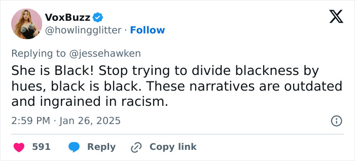 Tweet discussing blackness in relation to Zoe Saldaña's scandal and racial narratives. Tweet discussing blackness in relation to Zoe Saldaña's scandal and racial narratives.