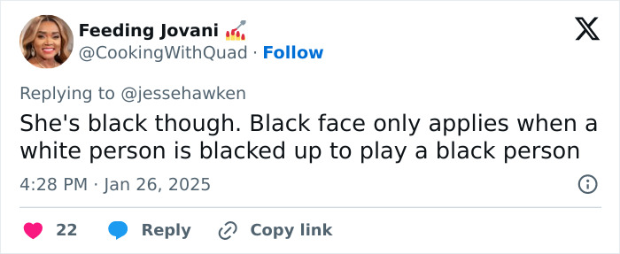 Tweet discussing blackface and its implications, dated January 26, 2025, with engagement options visible. Tweet discussing blackface and its implications, dated January 26, 2025, with engagement options visible.