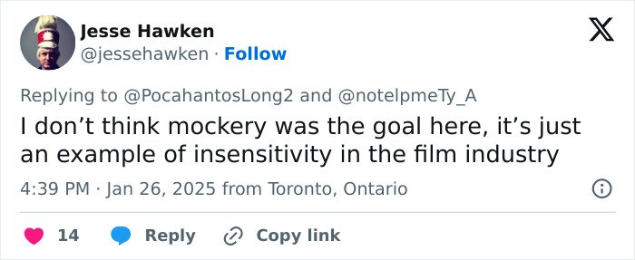 Tweet discussing insensitivity in the film industry related to Zoe Saldaña. Tweet discussing insensitivity in the film industry related to Zoe Saldaña.