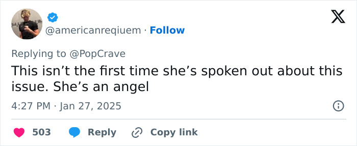 Tweet praising Selena Gomez for speaking out, calling her "an angel. Tweet praising Selena Gomez for speaking out, calling her "an angel.