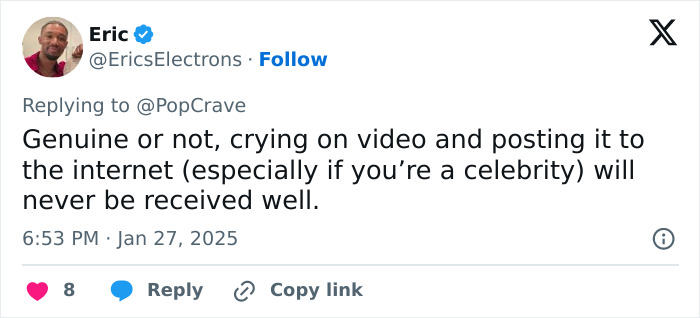 Tweet discussing reactions to posting crying videos online, related to Selena Gomez controversy. Tweet discussing reactions to posting crying videos online, related to Selena Gomez controversy.