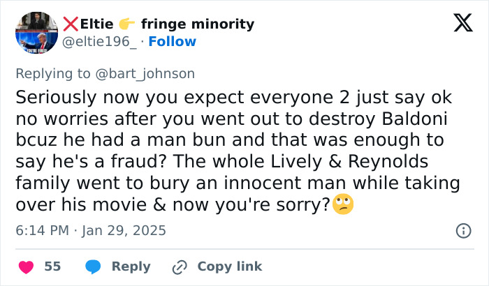 Tweet discussing a controversy involving Blake Lively's brother-in-law and Justin Baldoni. Tweet discussing a controversy involving Blake Lively's brother-in-law and Justin Baldoni.