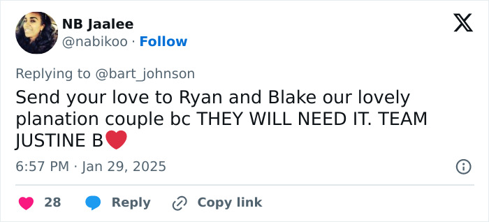 Tweet mentioning Blake Lively, her partner, and Justin Baldoni with a supportive message. Tweet mentioning Blake Lively, her partner, and Justin Baldoni with a supportive message.