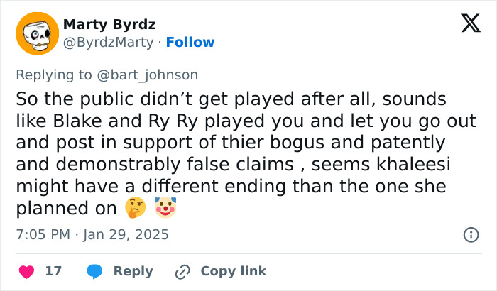 Tweet discussing Blake Lively's brother-in-law and Justin Baldoni with emojis and engagement metrics. Tweet discussing Blake Lively's brother-in-law and Justin Baldoni with emojis and engagement metrics.