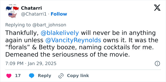 Tweet referencing Blake Lively with criticism about movie seriousness over cocktails. Tweet referencing Blake Lively with criticism about movie seriousness over cocktails.