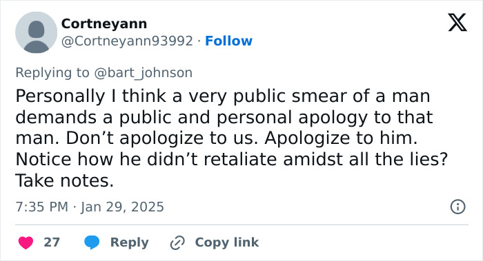 Tweet referencing apology and regret involving Blake Lively's brother-in-law and Justin Baldoni. Tweet referencing apology and regret involving Blake Lively's brother-in-law and Justin Baldoni.