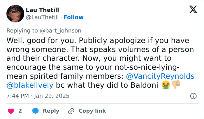 Tweet referencing Blake Lively's brother-in-law apologizing to Justin Baldoni, encouraging public apologies. Tweet referencing Blake Lively's brother-in-law apologizing to Justin Baldoni, encouraging public apologies.