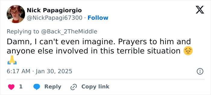 Tweet expressing sympathy and prayers related to a devastating DC American Airlines plane crash. Tweet expressing sympathy and prayers related to a devastating DC American Airlines plane crash.