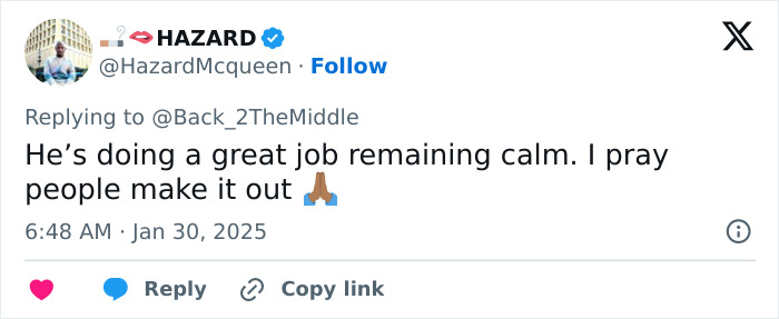 Tweet expressing calm and hopeful prayers before American Airlines plane crash in DC. Tweet expressing calm and hopeful prayers before American Airlines plane crash in DC.