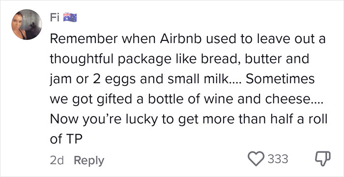 Comment on Airbnb hosts and guests, discussing changes in provided amenities over time. Comment on Airbnb hosts and guests, discussing changes in provided amenities over time.