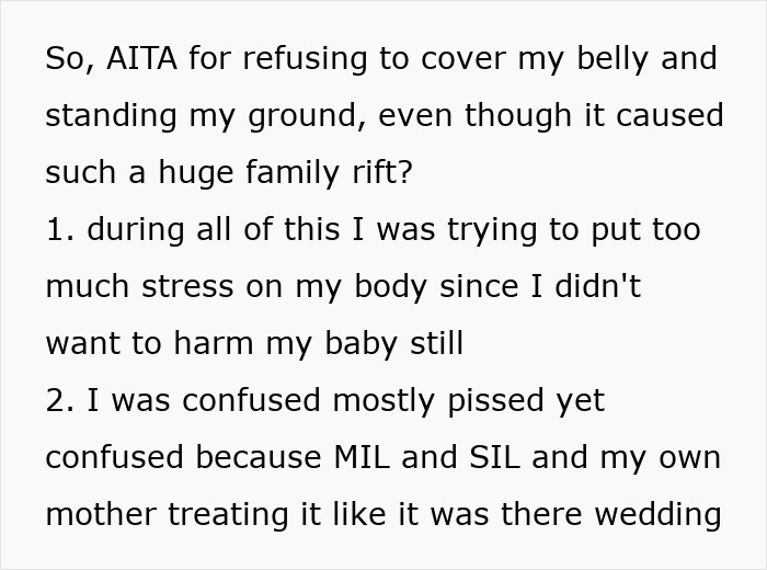 Text about a pregnant woman standing her ground at a wedding despite family drama with MIL and SIL at the reception. Text about a pregnant woman standing her ground at a wedding despite family drama with MIL and SIL at the reception.