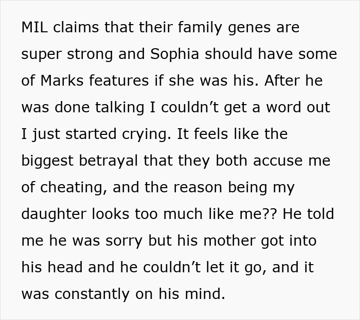 Text about MIL pressing for a paternity test over family resemblance concerns. Text about MIL pressing for a paternity test over family resemblance concerns.