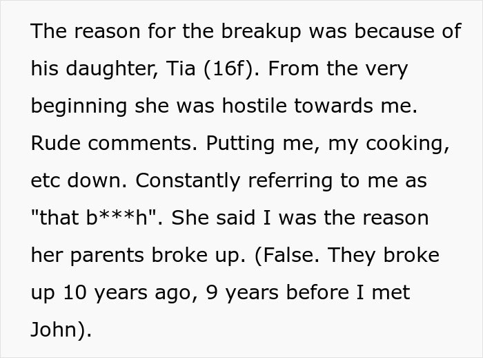 Text about a teen's conflict with her dad's ex-girlfriend, detailing rude comments and blame for a breakup. Text about a teen's conflict with her dad's ex-girlfriend, detailing rude comments and blame for a breakup.