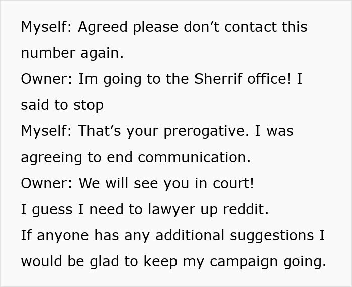 Text conversation about towing company's court threat over $36. Text conversation about towing company's court threat over $36.