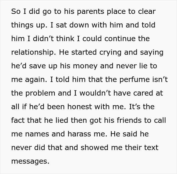 Text about relationship argument over birthday perfume and honesty issues. Text about relationship argument over birthday perfume and honesty issues.