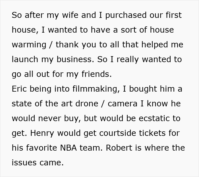 Text narrative about gifts for friends, camera for Eric, NBA tickets for Henry, before business success. Text narrative about gifts for friends, camera for Eric, NBA tickets for Henry, before business success.