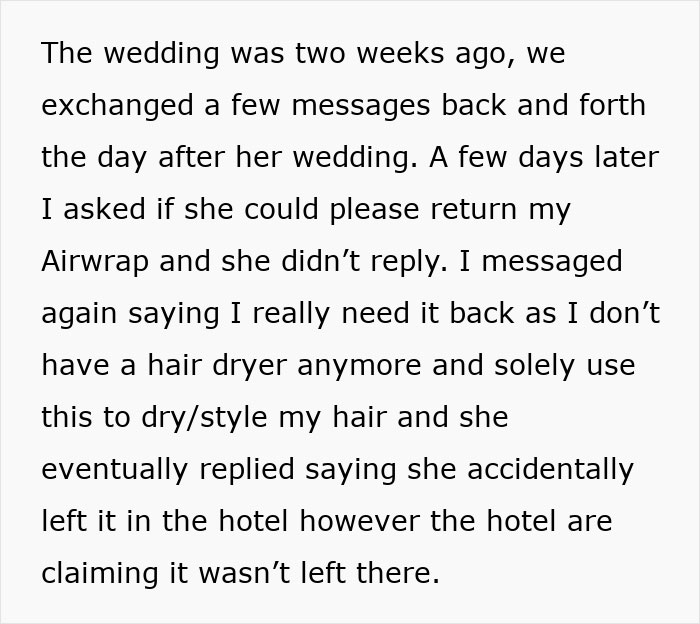 Text message recounting a woman refusing to go into debt by buying a friend a new hairdryer. Text message recounting a woman refusing to go into debt by buying a friend a new hairdryer.
