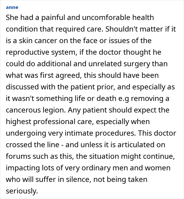 Text highlights a patient's view on unauthorized surgery during labia procedure, emphasizing professional care expectations. Text highlights a patient's view on unauthorized surgery during labia procedure, emphasizing professional care expectations.