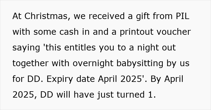 Gift from in-laws with cash and babysitting voucher, expiring April 2025, raises mom's questions. Gift from in-laws with cash and babysitting voucher, expiring April 2025, raises mom's questions.