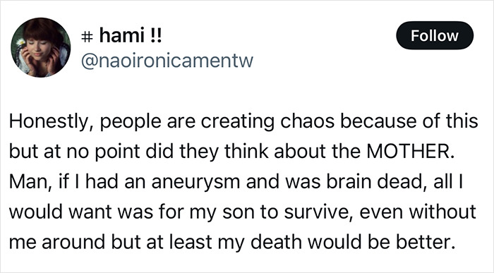 Tweet about the ethical debate on supporting a brain-dead pregnant woman to save her baby. Tweet about the ethical debate on supporting a brain-dead pregnant woman to save her baby.