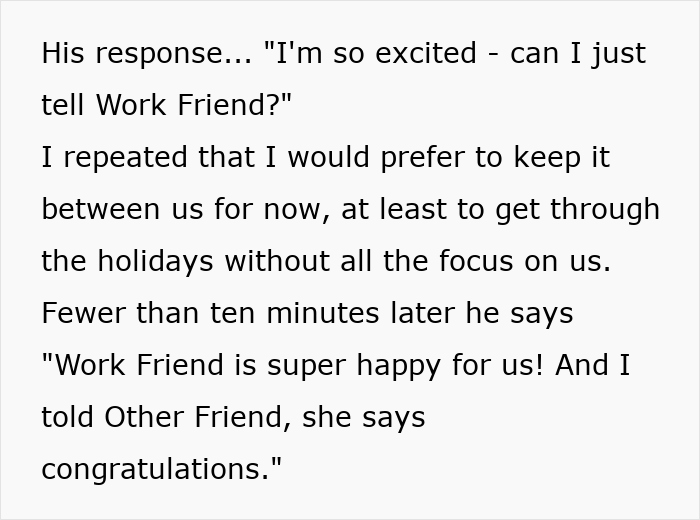 Text message expressing excitement about sharing pregnancy news despite requests for privacy. Text message expressing excitement about sharing pregnancy news despite requests for privacy.