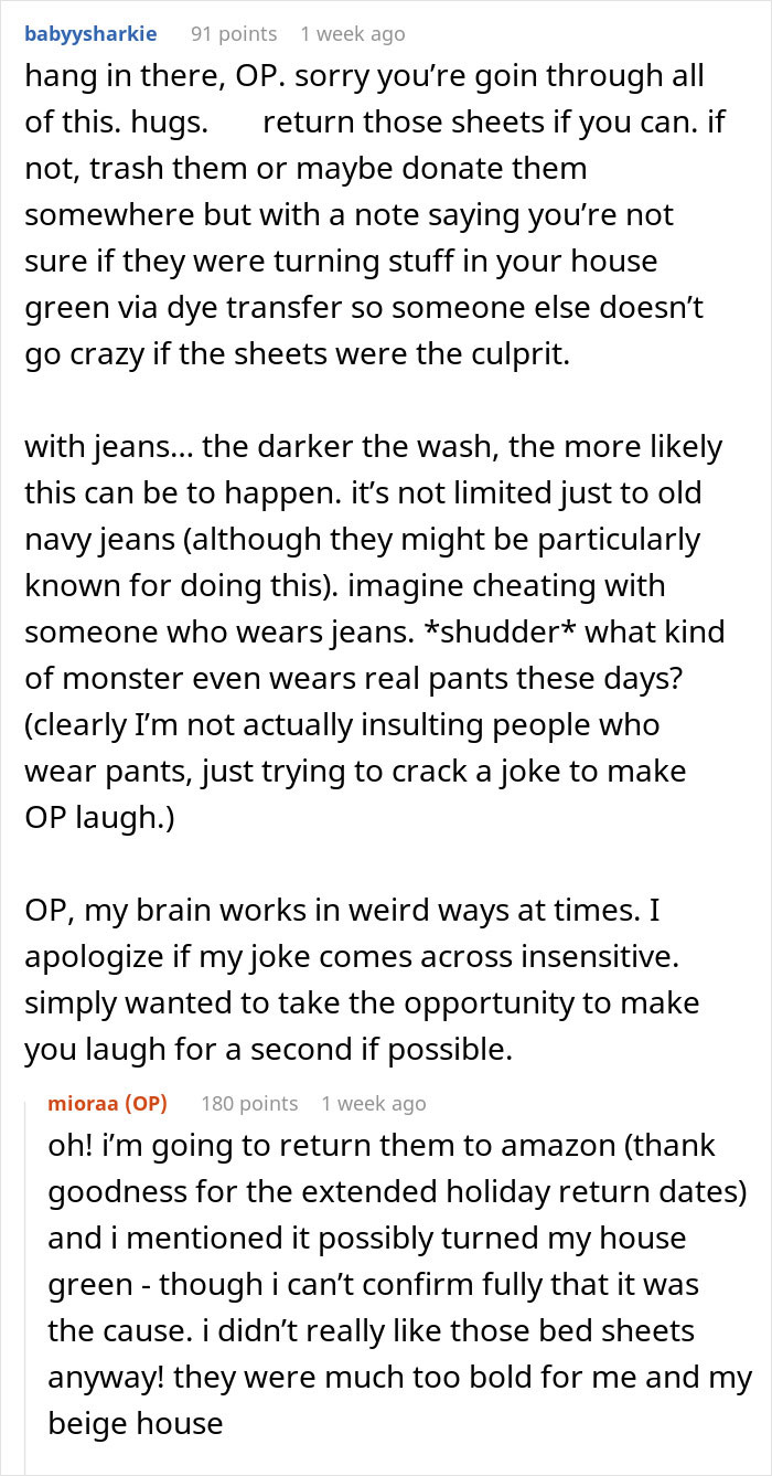 Online user jokes about stains on sheets, suggesting a mistress; original poster plans to return them. Online user jokes about stains on sheets, suggesting a mistress; original poster plans to return them.