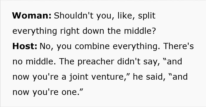 Text debate on whether married couples should combine incomes or split finances. Text debate on whether married couples should combine incomes or split finances.