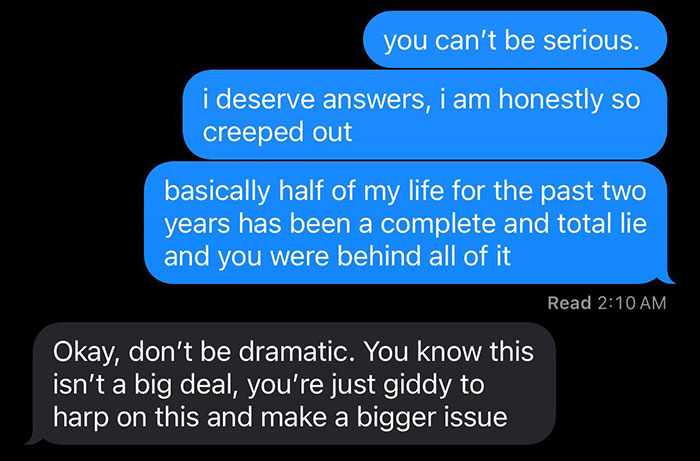 Text exchange reveals woman's shock over discovering boyfriend's fake friend group. Text exchange reveals woman's shock over discovering boyfriend's fake friend group.