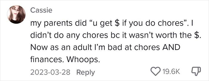 Comment discussing the downside of paying children for chores, highlighting adult issues with chores and finances. Comment discussing the downside of paying children for chores, highlighting adult issues with chores and finances.
