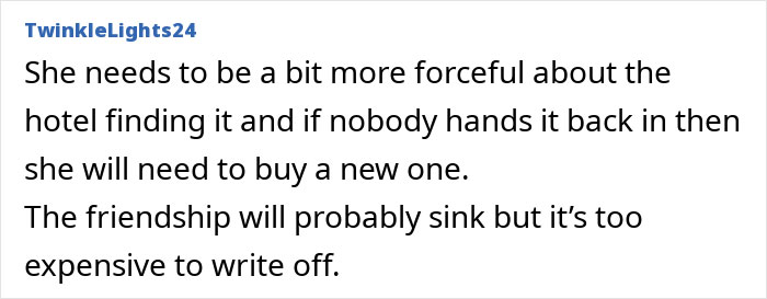 Comment discussing the decision not to buy a new hairdryer for a friend who lost hers, prioritizing financial caution. Comment discussing the decision not to buy a new hairdryer for a friend who lost hers, prioritizing financial caution.