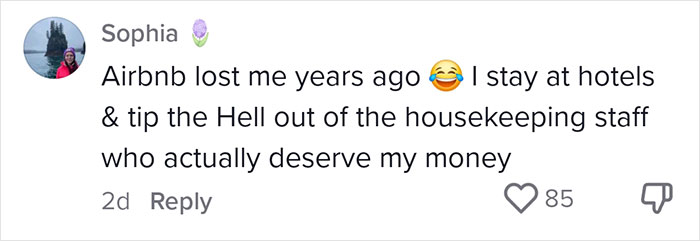 Comment criticizing Airbnb guests not taking out trash, preferring hotel staff instead. Comment criticizing Airbnb guests not taking out trash, preferring hotel staff instead.