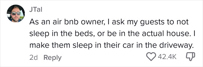 Comment mentioning Airbnb guests being asked to sleep in their car, with reactions shown. Comment mentioning Airbnb guests being asked to sleep in their car, with reactions shown.