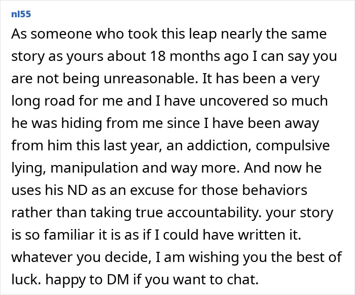 Text recounting a spouse's struggle with a neurodivergent partner’s behavior and lack of accountability. Text recounting a spouse's struggle with a neurodivergent partner’s behavior and lack of accountability.